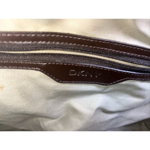 Vintage DKNY Signature Logo Handbag Purse Tan Brown Leather Silver Buckles Trim - Picture 9 of 12